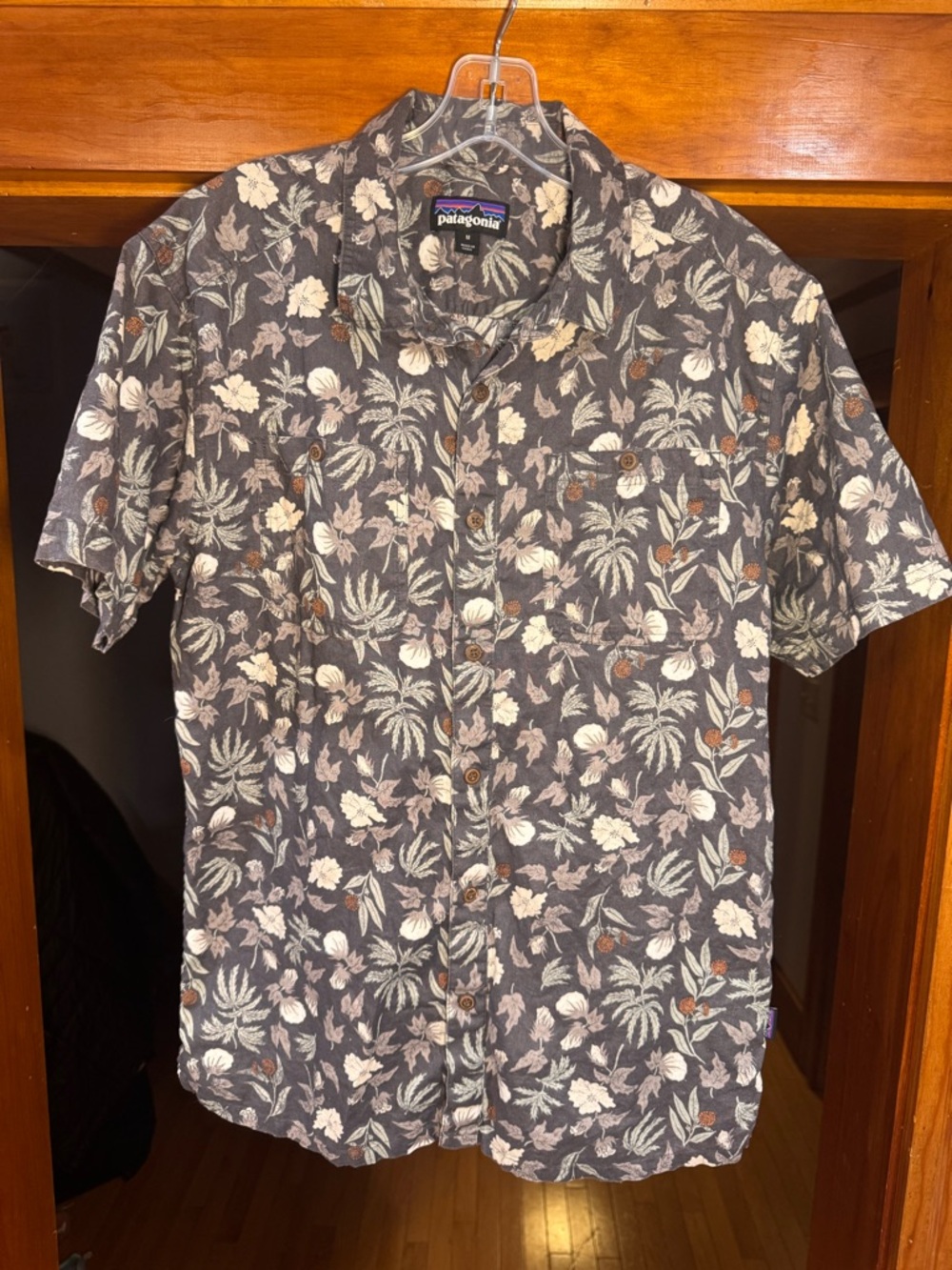 Patagonia Shirt Mens Gray Floral Hemp Organic Cotton Short Sleeve size medium